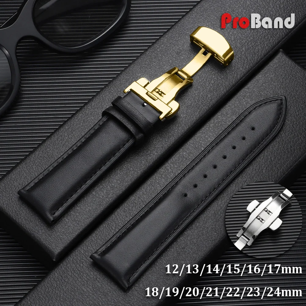 

Leather Watch Band 12 13 14 15 16 17 18 19 20 21 22 23 24mm Straps Gold Butterfly Buckle Soft Bracelet Black Brown Men Wristbelt