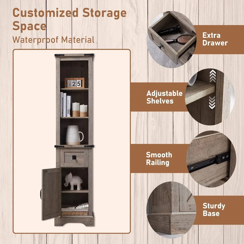 

Bathroom Storage Cabinet, Farmhouse Storage Cabinet with Adjustable Shelves & Drawer, Customized