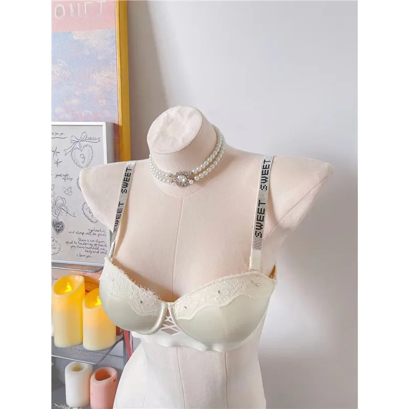 French Luxury Satin Lace Half Cup Bra Small Bust Rhinestone Straps Push Up Lift Gathered Elegant Design Support Womens Underwear