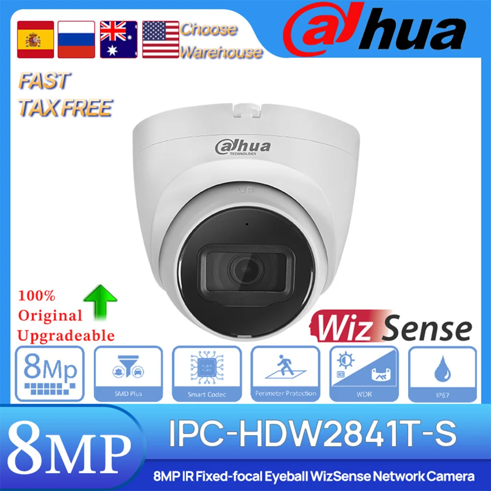 Nunua Original IPC-HDW2841T-S 8MP POE IR30M WDR Partners-focus Eyeball Wizwhich Caméra Réseau IP67 Intégré MIC SD Slot H.dissis + SMD