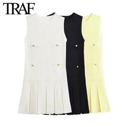 TRAF Women Fashion Summer New Yellow Buckle Pocket Wide Pleated Knitting Crewneck Vest Mini Dress Chic Female Elegant Evening