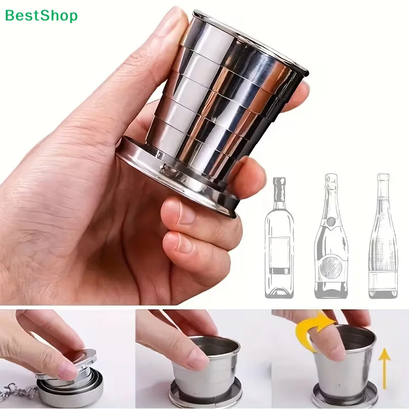 ♥Collapsible Stainless Steel Shot Glass - Foldable Pocket Cup with Keychain, Portable Drinking Cup for Travel/Outdoor