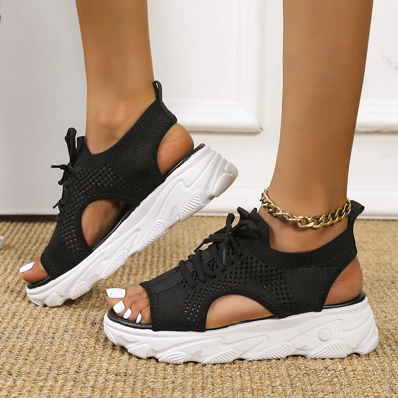 Summer Women Sandals Mesh Casual Shoes White Thick-Soled Lace-Up Sandalias Open Toe Beach Shoes for Women New Zapatos Mujer