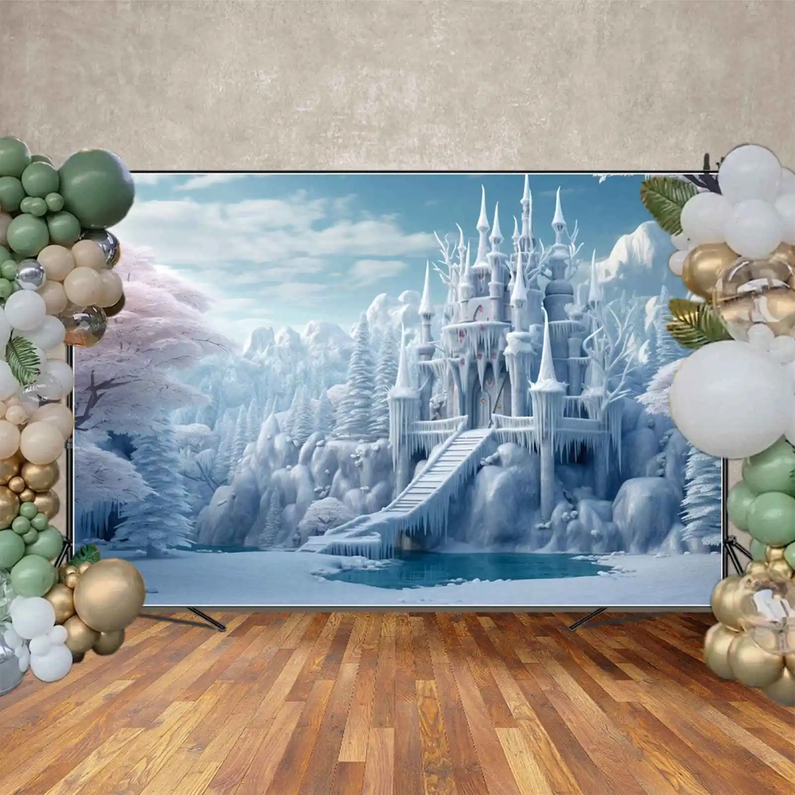 MOON.QG Photography Backdrop Children\'s Birthday Snow Frozen Queen Princess Castle Wall Backgrounds Mountains Forest Photo Booth