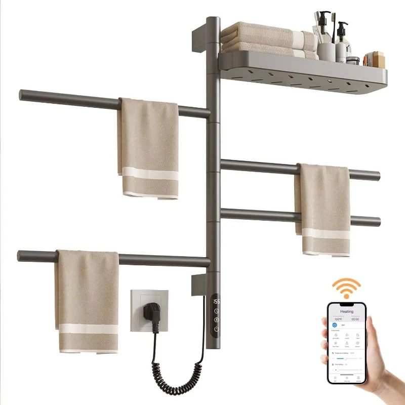 Smart wall-mounted electric towel rack, rotary heated towel dryer with rotating rod and smart timer for bathrooms