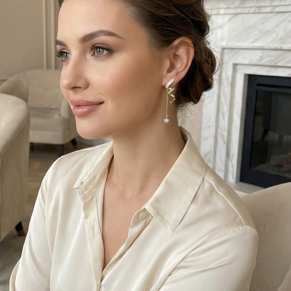Sweet Star Tassel Earrings Sparkling Silver Plated Synthetic Zirconia Drop Earrings Spinning Spiral Geometric Distorted