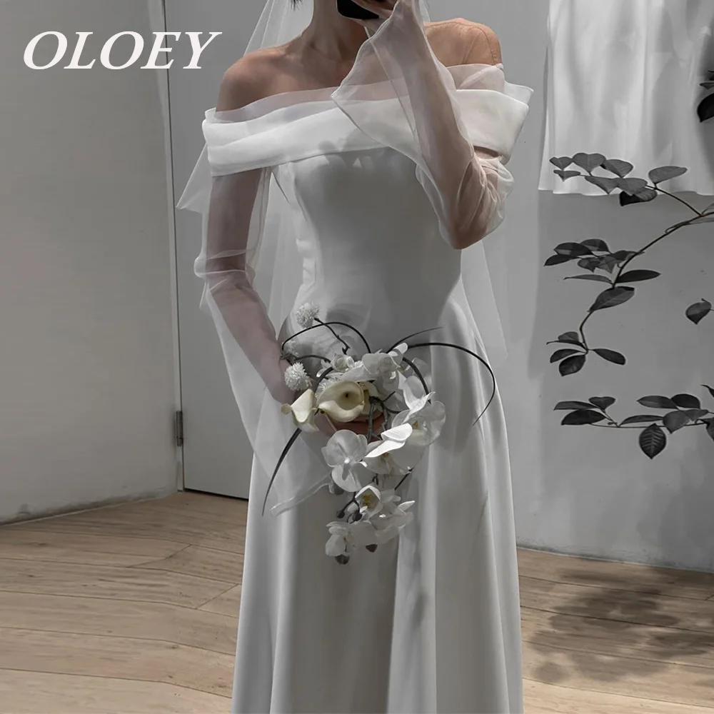 

OLOEY Simple A-line Wedding Dresses Customized Off the Shoulder Detached Full Sleeves Bridal Gowns Floor Length Lace-up Back