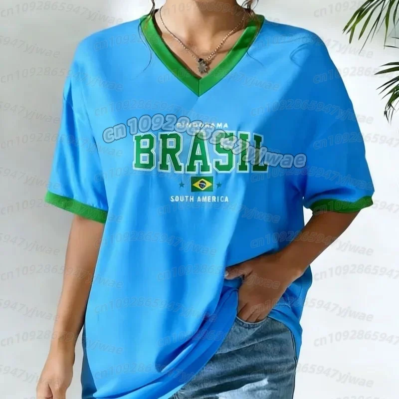 Neues Brasilianisches T-Shirt Sommer Damen V-Ausschnitt T-Shirt Brasilianisches Fußball-T-Shirt Gelb Farbverlauf Damen Herren Schnelltrocknende Oberteile – Detail 13