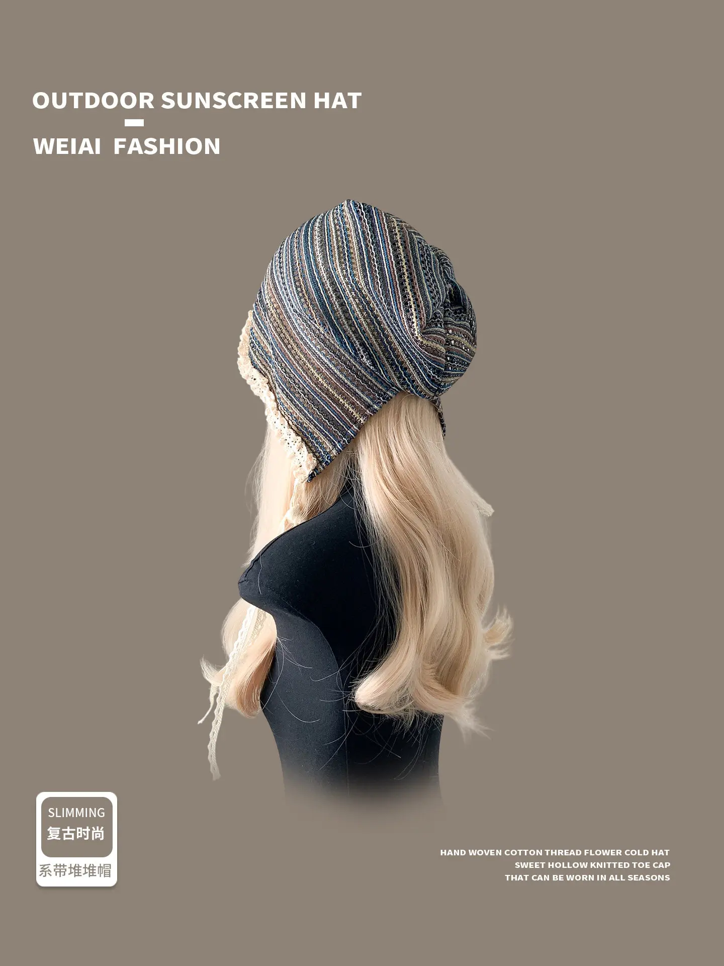 Japanese Retro Lace Head Wrap Cap Breathable Large Size Slouchy Hat Face-flattering Ethnic Style Versatile Sun Cap for Women view 5