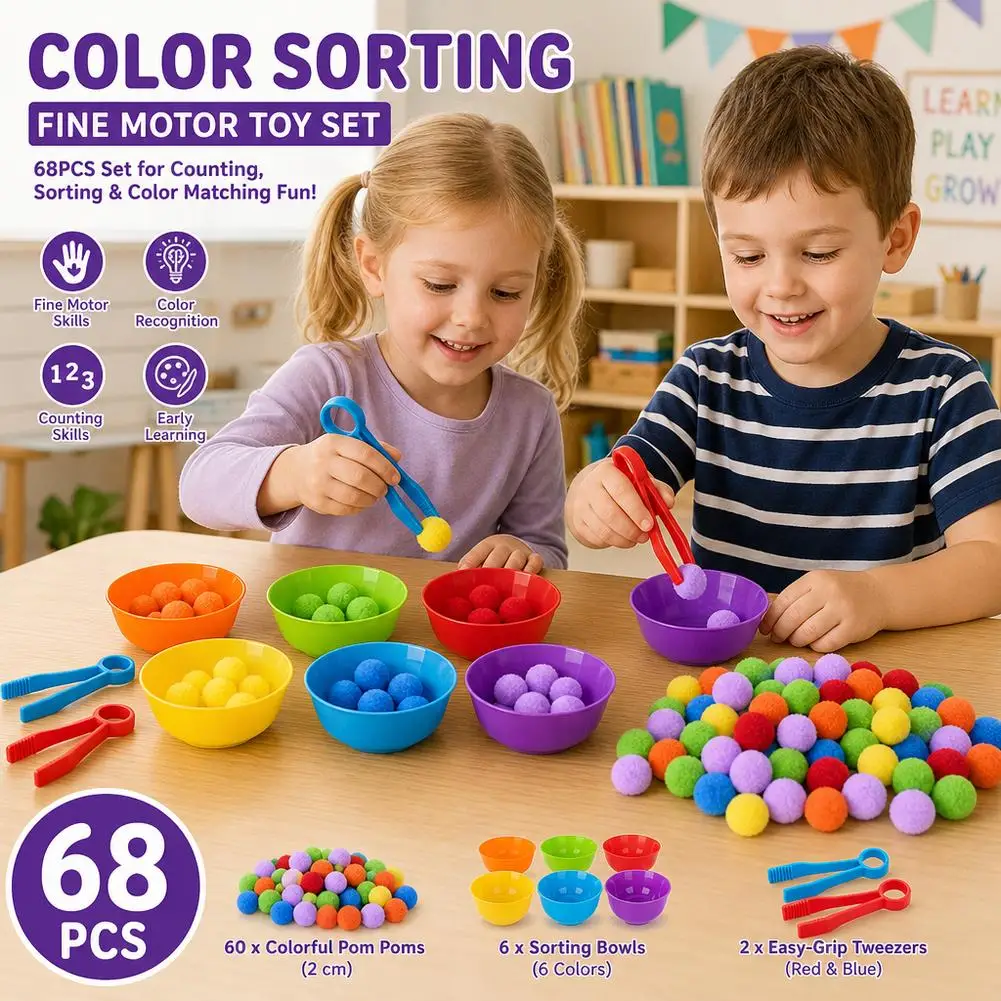 68PCS Kids Sorting Counting Toys Rainbow Color Classification Bowls with Tweezers Fine Motor Training Educational Game Gifts