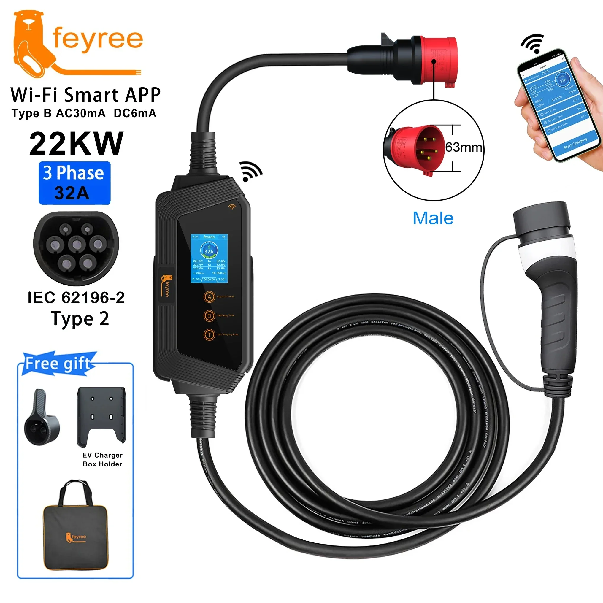 Feyree 22KW 32A 3 เฟส Type2 แบบพกพา EV Charger Wi-Fi APP ควบคุม EVSE กล่องชาร์จสถานีชาร์จสําหรับรถยนต์ไฟฟ้า Charger