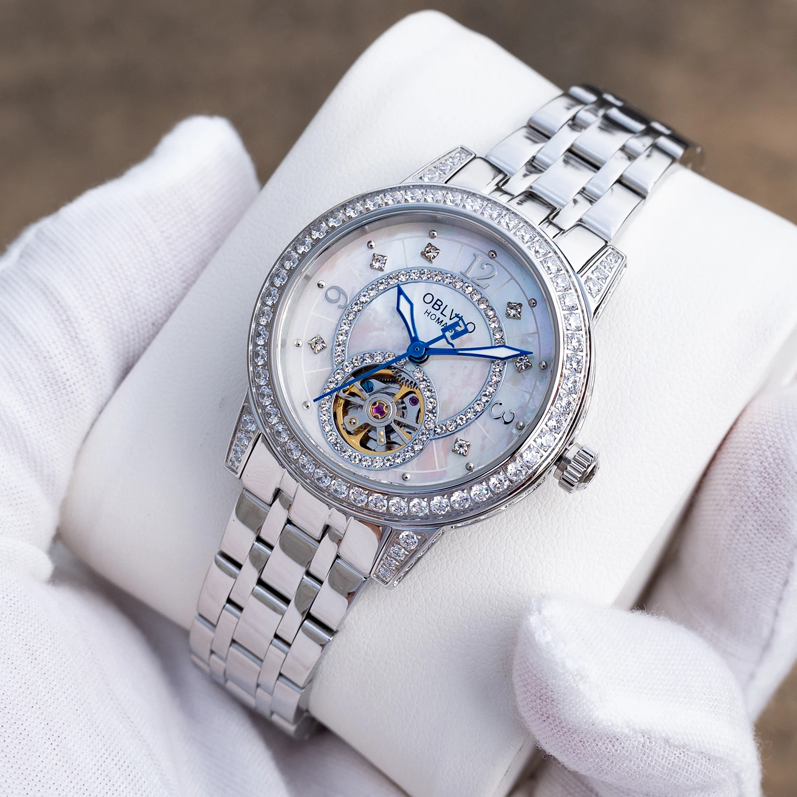

OBLVLO Ladies Luxury Mother Of Pearl Automatic Watch Stainless Steel Diamond Bezel White Dial Blue Hands Bracelet Clock CW-TB