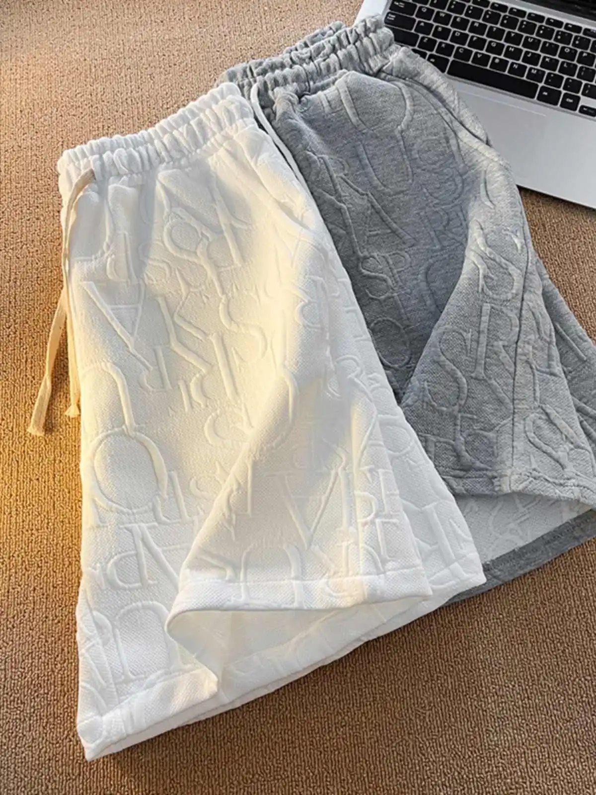 Summer Men Waffle Shorts Elastic Waist Letter Printed Knee-length Pants American Casual Fashion Loose Male shorts