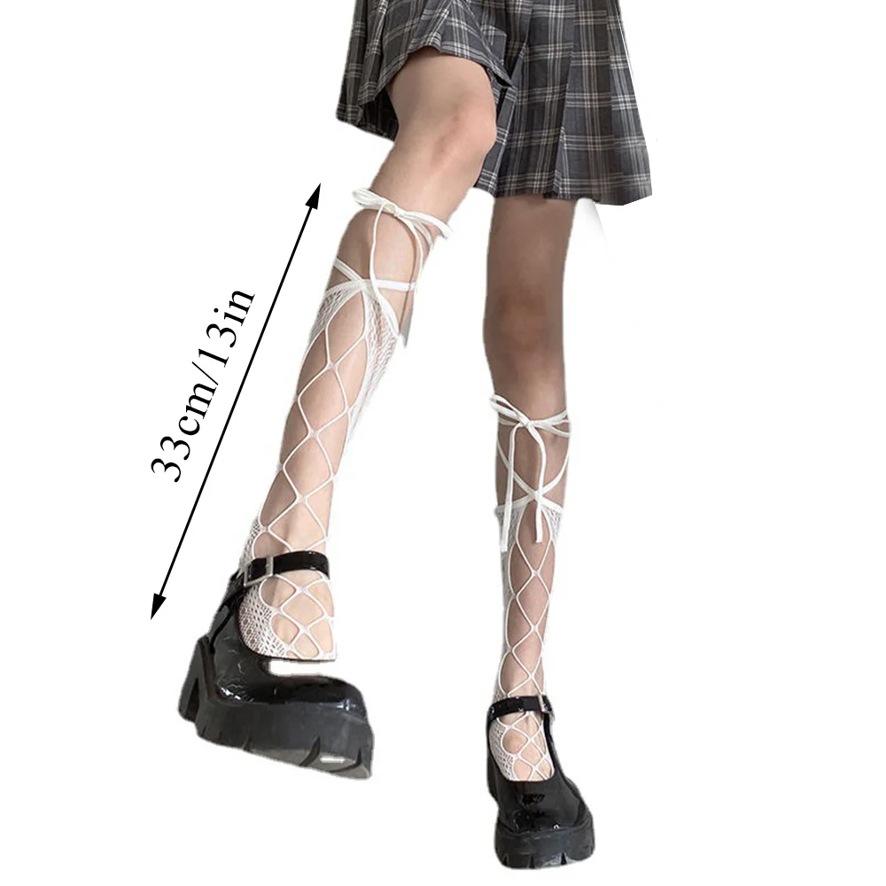 Lolita Fishnet Bow Hollow Long Socks Japanese Sweet Lace Girls Bow Cross Ties JK Knee High Stockings Women Flounce Thin Socks