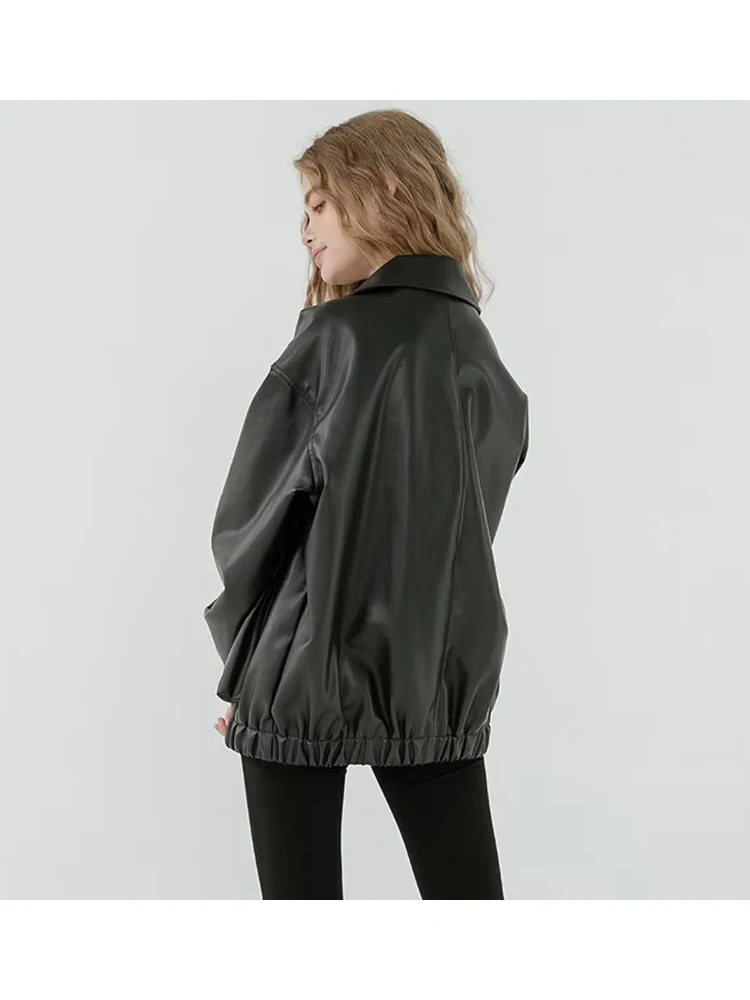 Lautaro Spring Autumn Black Soft Pu Leather Jacket for Women Zipper Long Sleeve Turn-down Collar Loose Casual Korean Fashion
