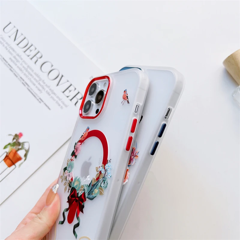 Original Magsafe Animation Magnetic Wireless Charging With Flower Painting Shockproof Case for iPhone 13 12 Pro Max Clear Cover