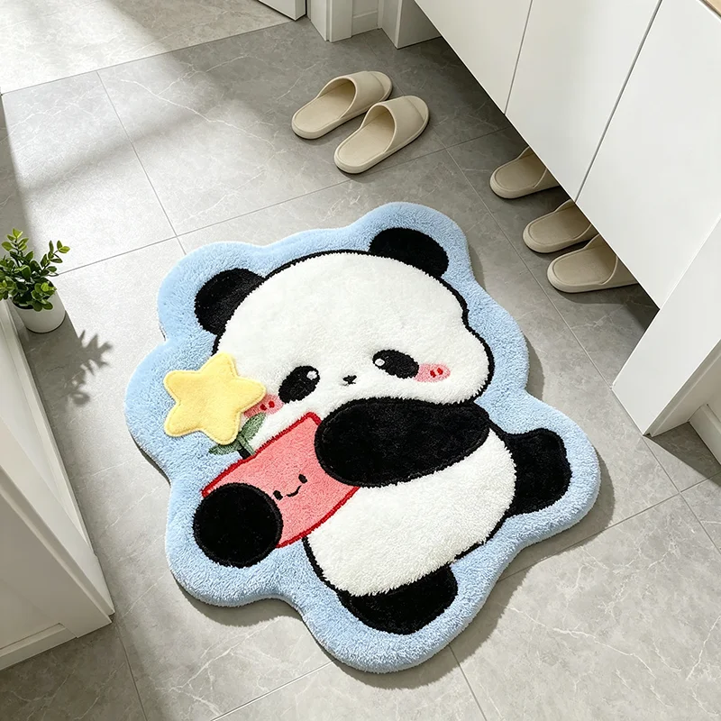 VIKAMA Panda With Gift Box Shaped Plush Bath Mat Non Slip Absorbent Cartoon Animal Indoor Bedroom Floor Rug Non Slip Bath Rug