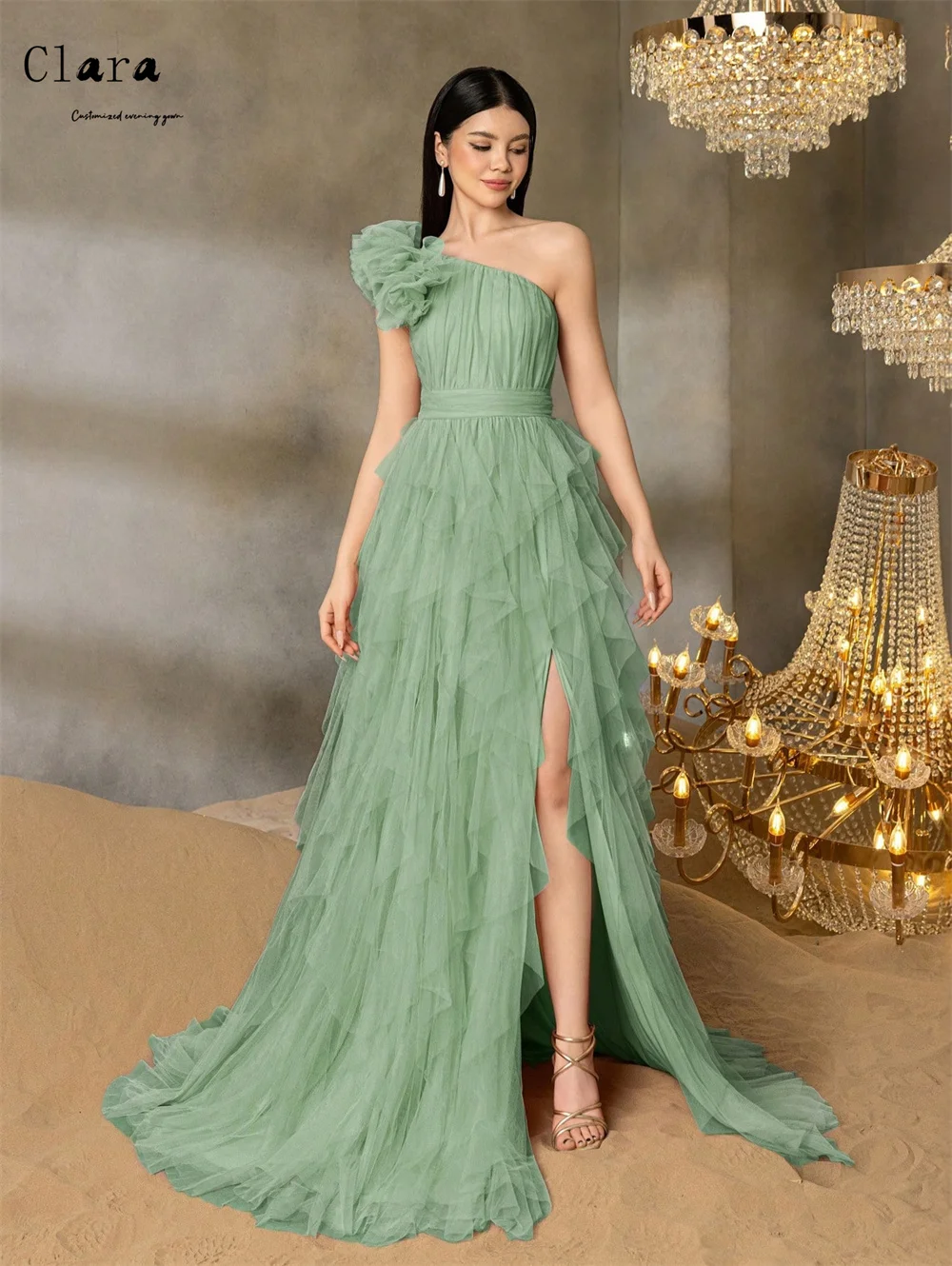 Clara personalizado verde a linha fora do ombro fendas laterais vestidos de noite d/festa vestido de noite de casamento feminino luxo 2025 vestido elegante