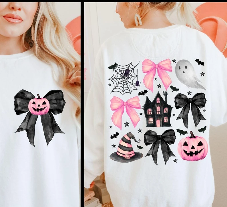 Halloween Pumpkin Pink Bows Graphic Hoodie Cute Kids Preppy Sublimation Spooky Png Spiders Ghost Haunted House Long Sleeve