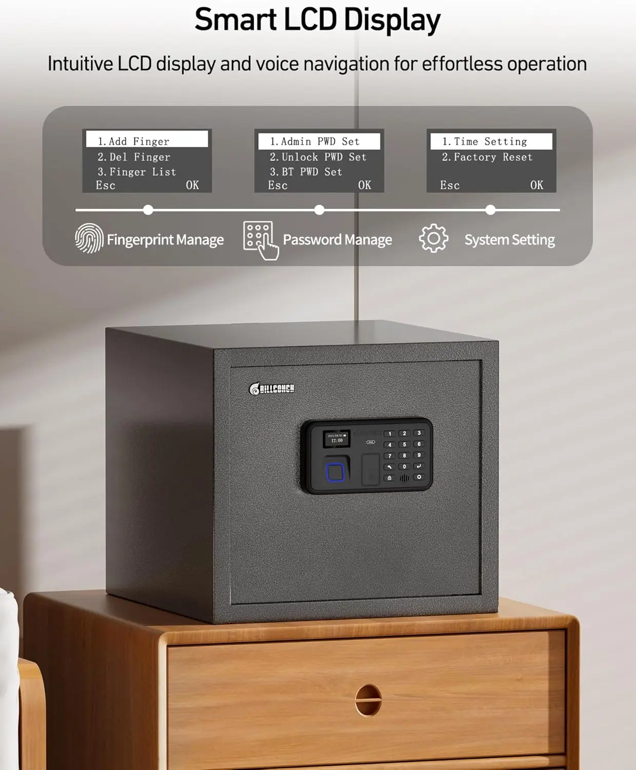 Cassaforte per pistola intelligente per pistole multiple - Cassetta di sicurezza con blocco automatico con display LCD/guida vocale, sblocco ad accesso rapido con impronta digitale