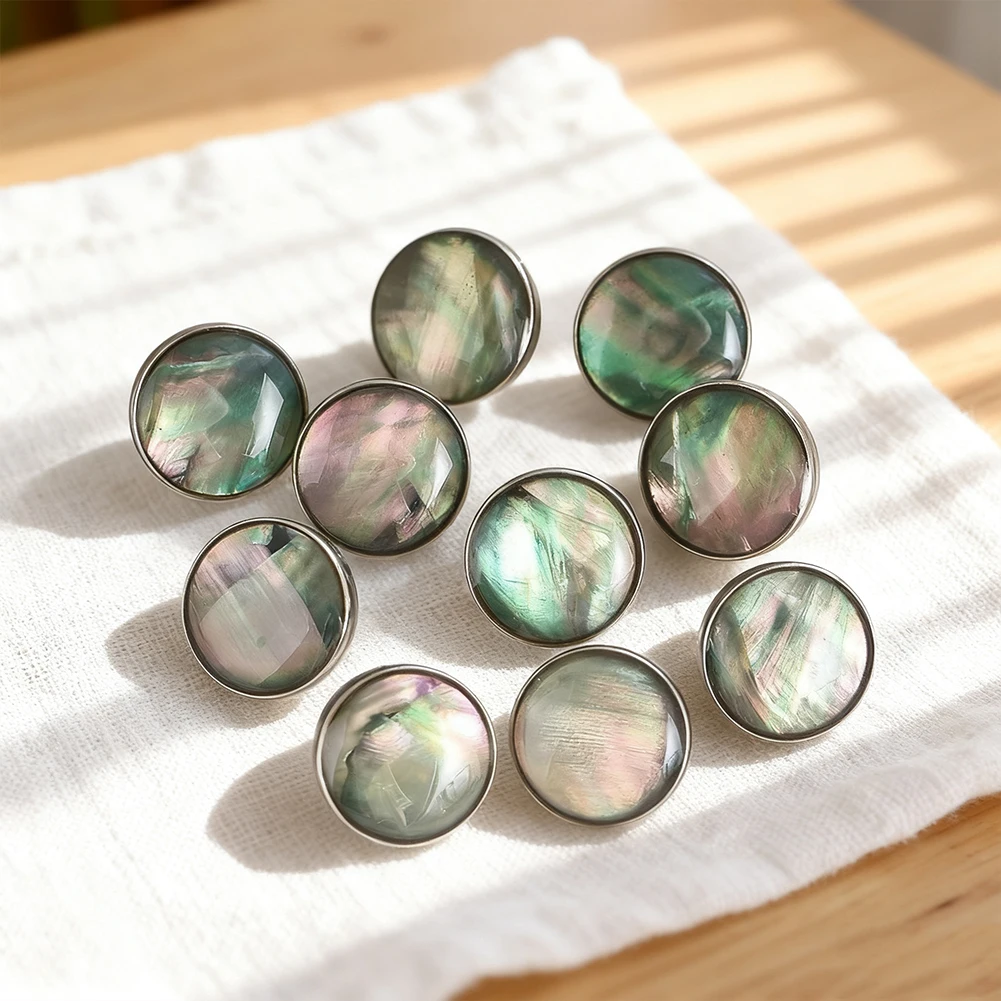10pcs Ocean Iridescent Button Resin Abalone Shell Luster Metal Shank Buttons Coat Cufflinks Sewing Scarpbooking Embellishment