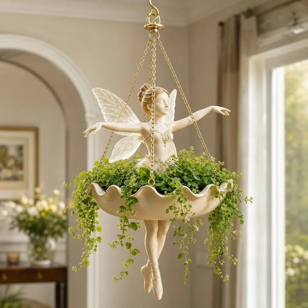 Resin Ballet Dancer Hanging Planter Elegant UV Resistant Fairy Flower Pot Creative Vintage Girl Hanging Plant Basket