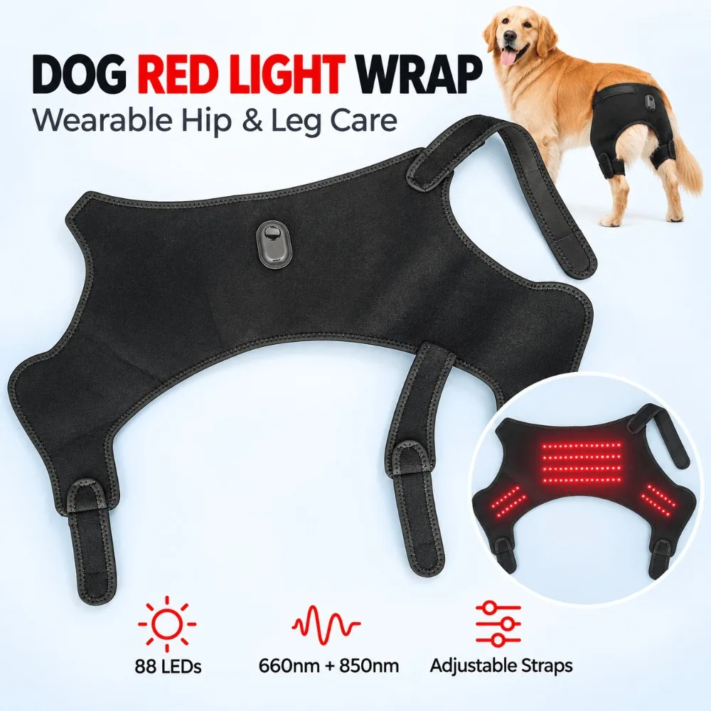 Dog Red Light Therapy Wrap, 88 LED 660nm 850nm Near Infrared Hip and Leg Brace, Adjustable Wearable Pet Joint Care for Home Use