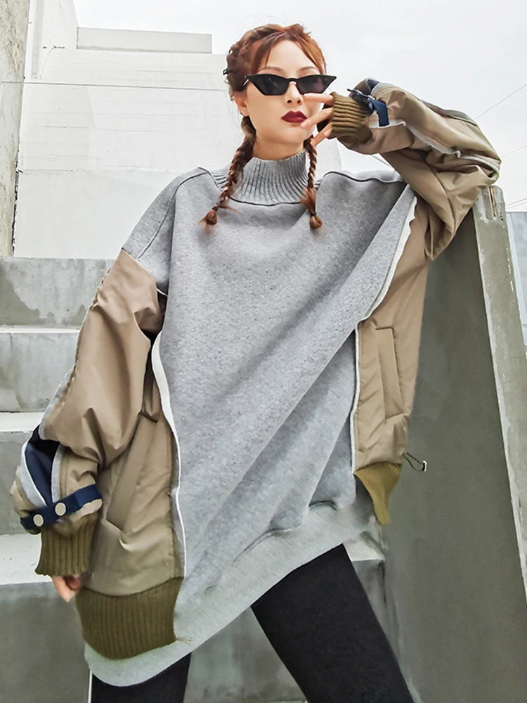 TWOTWINSTYLE Color Block Thick Sweatshirt For Women Turtleneck Long Sleeve Casual Sweatshirts Female Autumn Fashion New Clothing