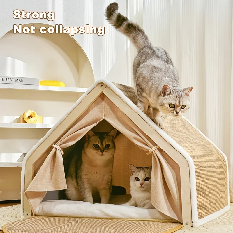 Extra Large Cat Villa - Semi-Enclosed Shell Design with Door Curtain & Sunshade, Spacious Pet Nest for Multi-Cat Households