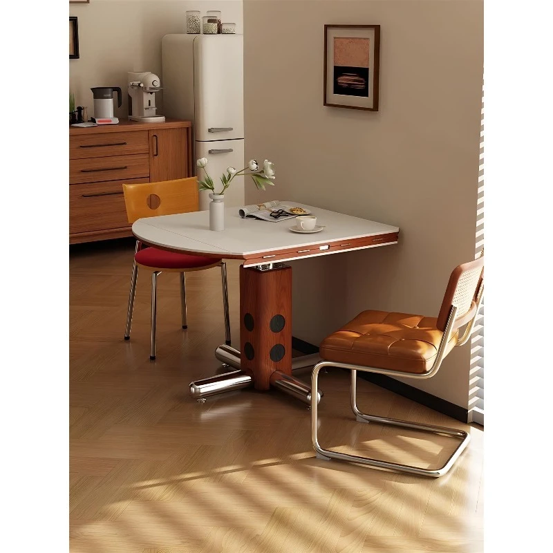 

Fangyuan folding dual-purpose dining table retro style small apartment solid wood telescopic round rock slab dining table