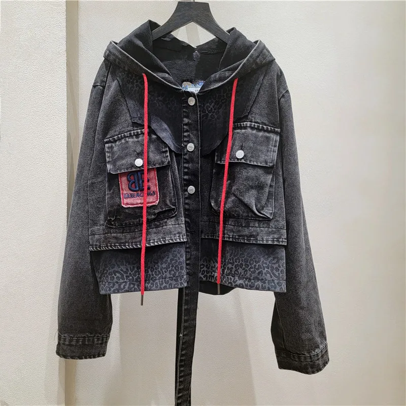 2026 Spring and Autumn New Women's Cowboy Jacket Splicing Hooded Leopard Pattern Short Top