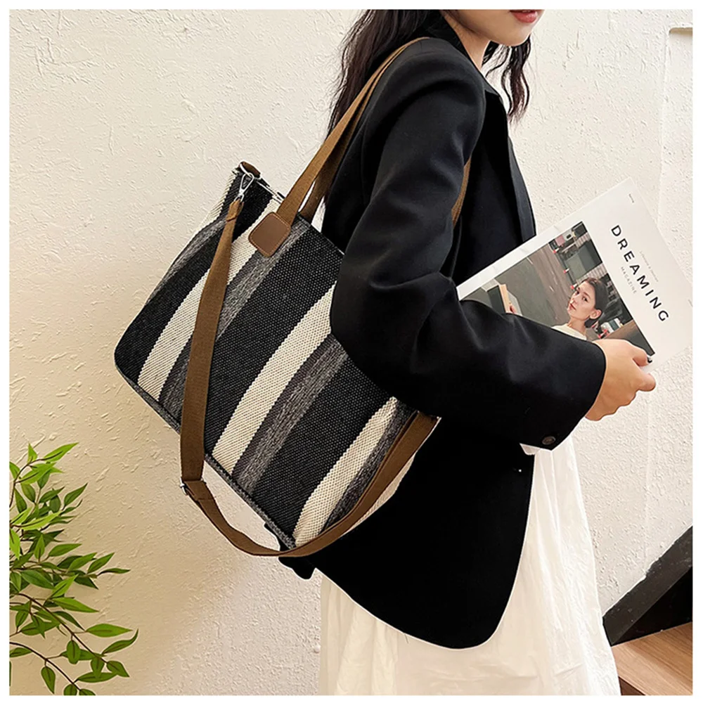 Women\'S Canvas Handbag Striped Large Capacity Female Bag Fashion Commuting Casual Handheld Tote Bag Shoulder Crossbody Bag