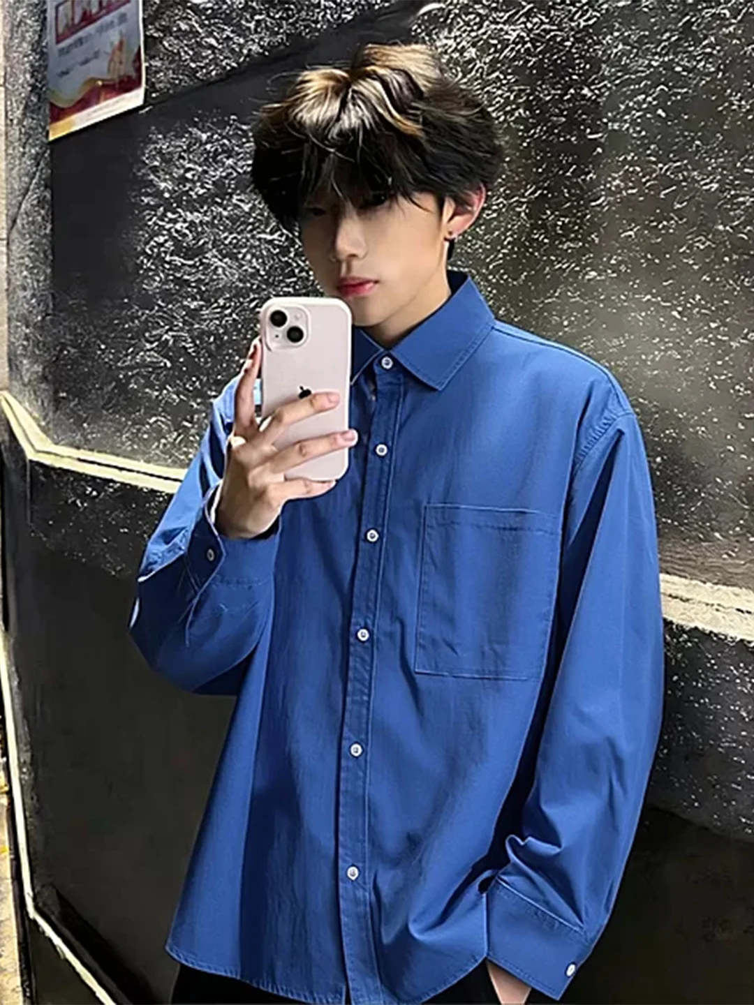 

Klein Blue Long Sve Pure Cotton Men's irt Spring American Workwear Jaet Youth Layering Inner Wear Casual Sle