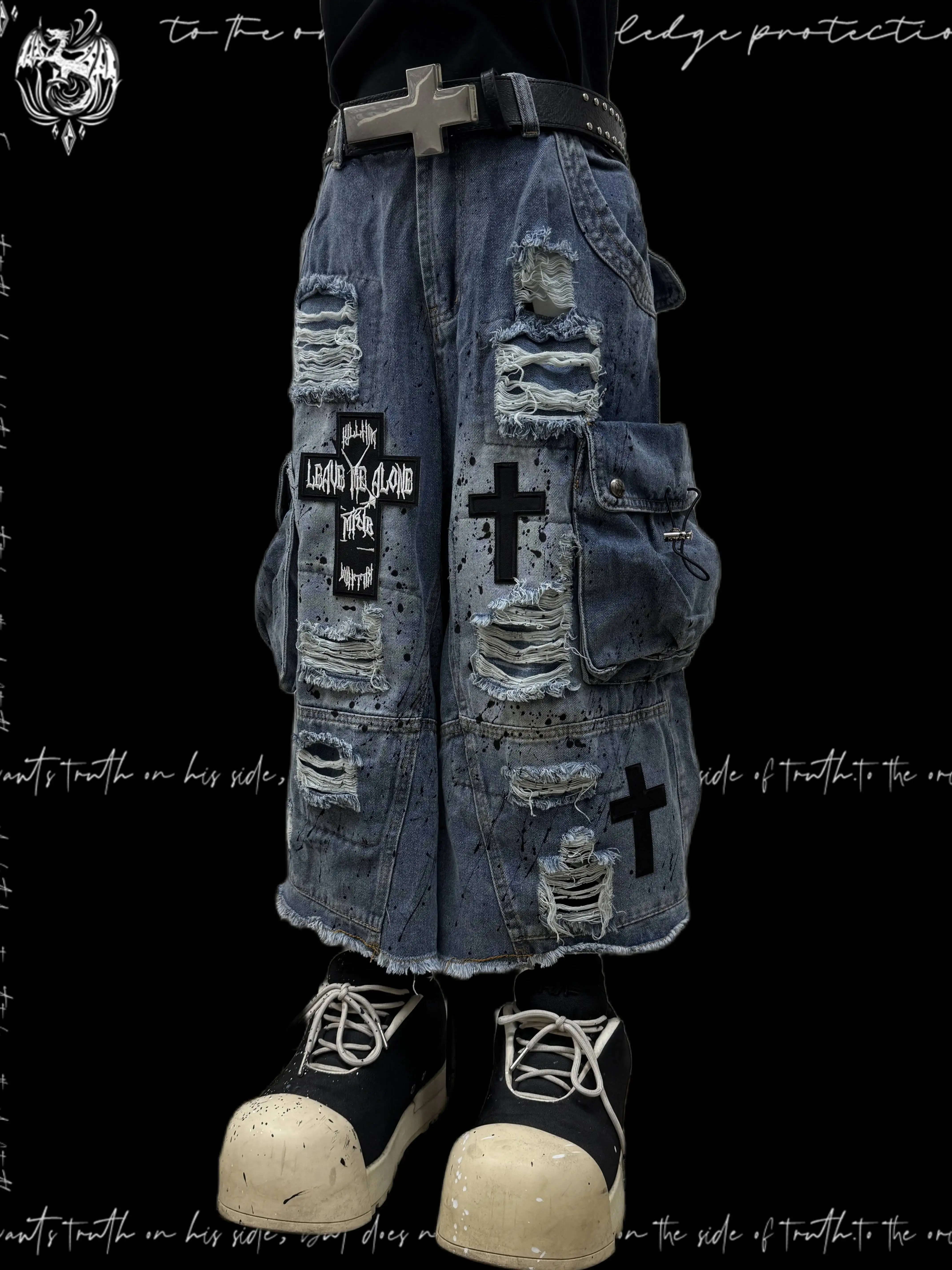 Gothic Punk Jeans 2026 Spring Men's Women's Rock Pocket Graffiti Jeans Distressed Ink Splash Street Punk Wide Leg Capri Pants