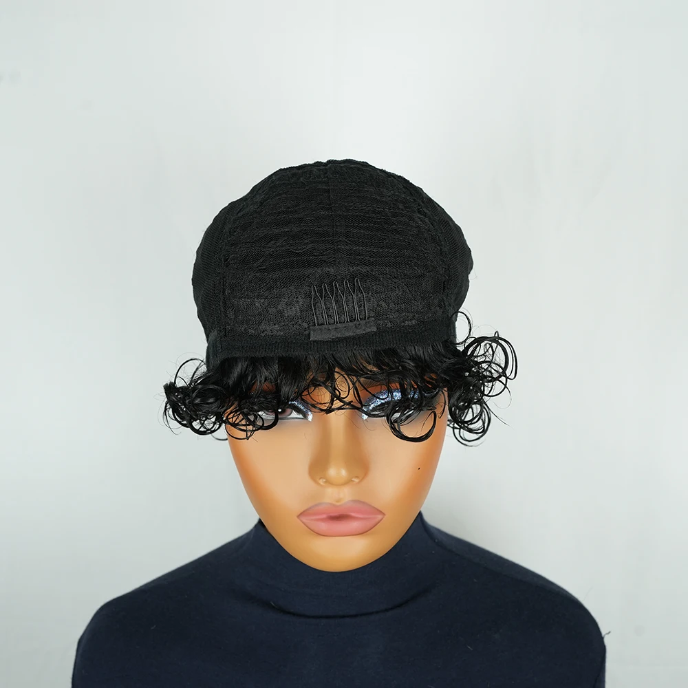 رطب ومموج قصير مجعد عابث قطع شعر مستعار البرازيلي خصلات الشعر المستعار الإنسان مع الانفجارات قبل قطعها للنساء آلة صنع جاهزة لارتداء #6