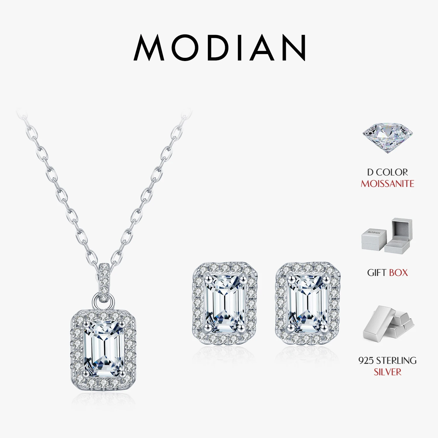 MODIAN 925 Sterling Silver Elegant Emerald Cut Moissanite Pendant Necklace Stud Earrings For Women Bridal Jewelry Set