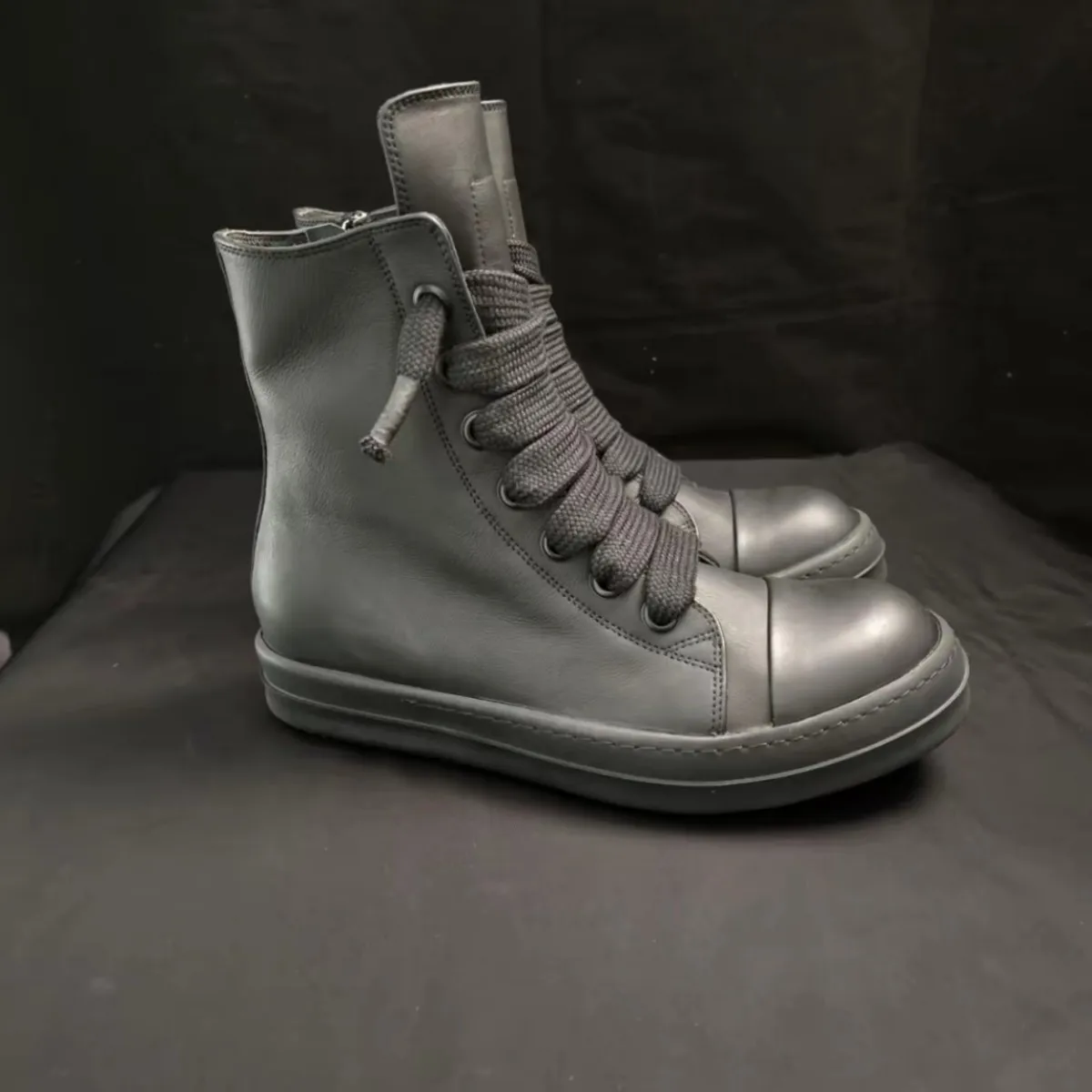Brand R-o Shoe Full Black Leather Shoes  Men Sneaker Women High Top Shoe Boots Sneakers  Jumbo Laces Casual Shoes