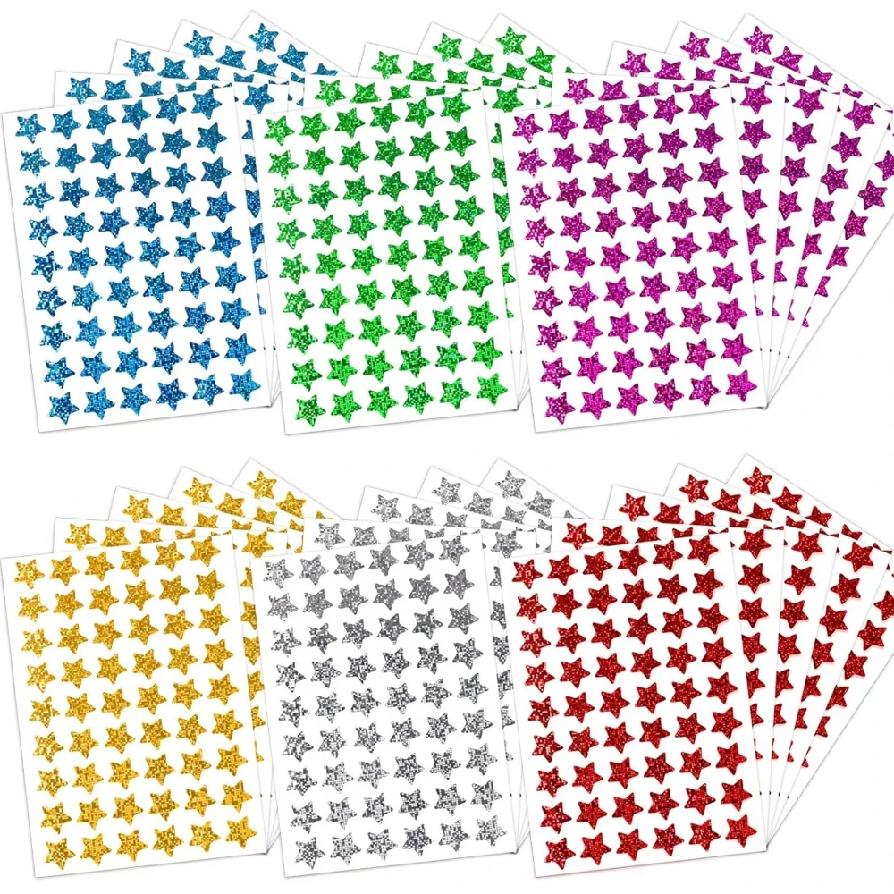 6 Sheets Holographic Star Reward StickersFoil Sparkly Star Stickers for Behavior Chart, School Classroom Student Teacher