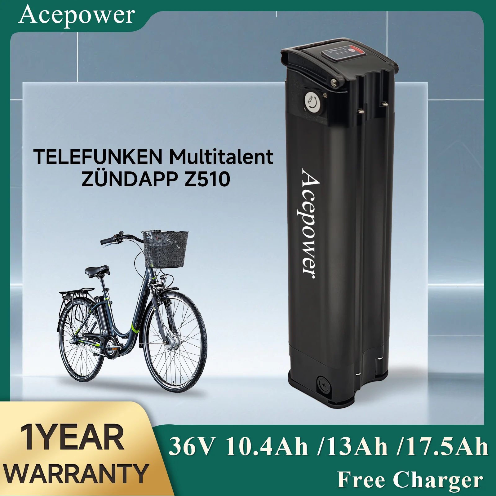 Image of E-Bike Akku für TELEFUNKEN Multitalent ZÜNDAPP Z510 36V 10,4Ah 13Ah 17,5Ah Silberfisch-Akku für TELEFUNKEN Multitalent