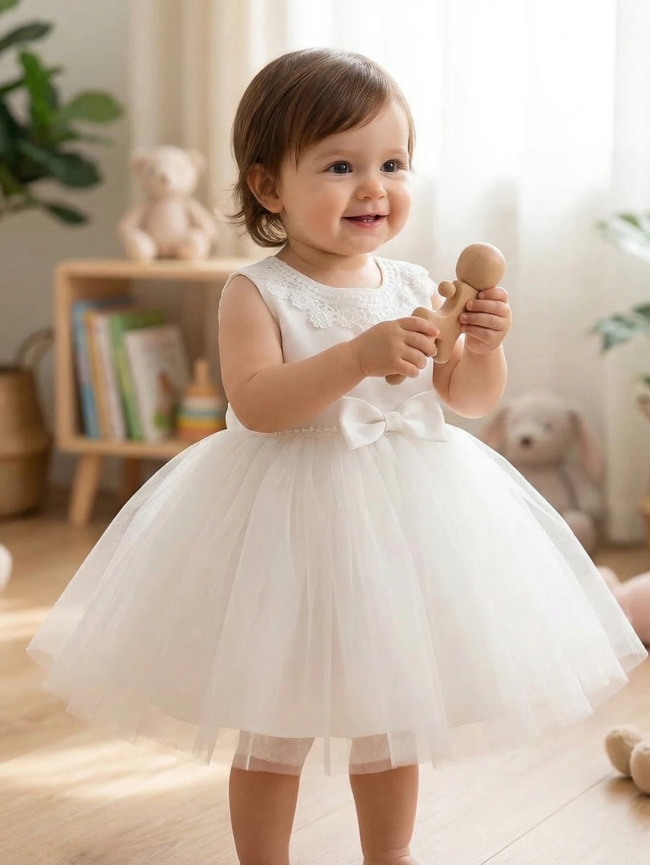 Elegant White Net Fabric Party Dress for Girls, Featuring Delicately Lace-trimmed Neckline Sleeveless Design, Party, Baptisms
