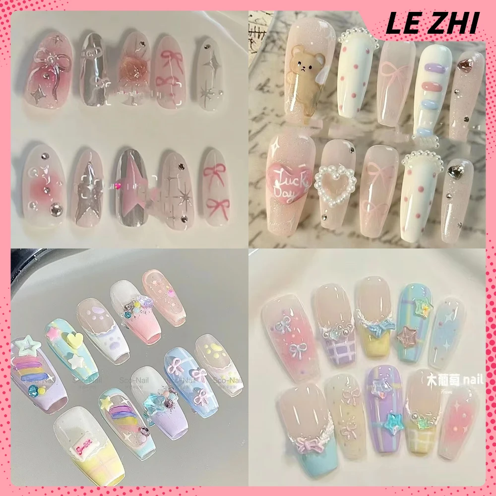 

10Pcs Handmade Kawaii animal Fake Nails Kawaii Sweetheart Girl Cartoon Diamond Anime Manicure Removable Nail Art Holiday Gifts