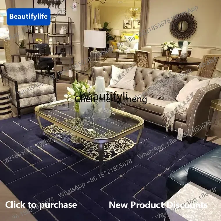 

183ff Light luxury glass tempered round coffee table American living room solid wood rectangular creative hollow coffee table