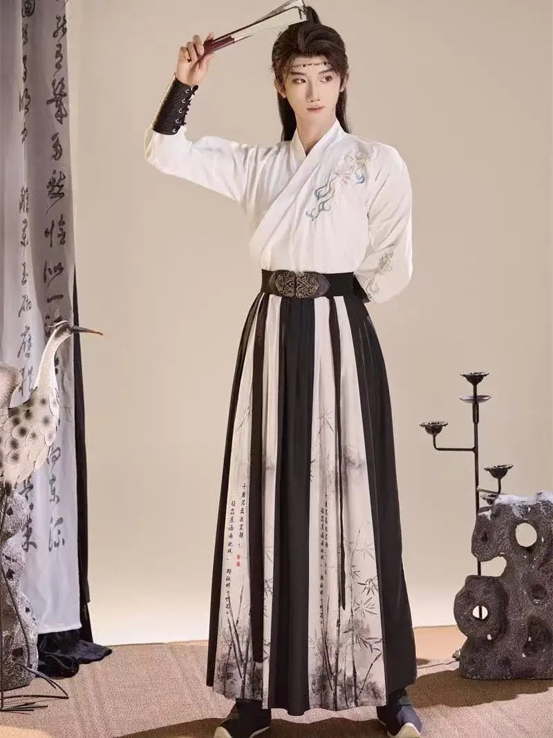 Chinese Fairy Flower Embroidery Hanfu Dress Traditional Weijin Period Cross Collar Costume Vintage Swordsman Scholar CosplaySuit