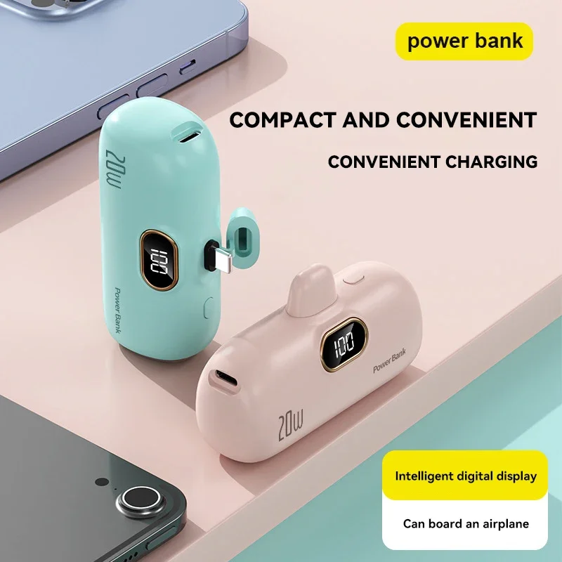 Xiaomi 30000mAh Mini Power Bank Built Cable Portable Mobile Phone Charger External Battery Capsule Powerbank For Type-C iPhone