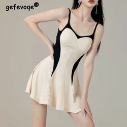 Frauen Kontrast farbe Patchwork ein Stück Push-up Badeanzüge Sommer sexy Spaghetti träger Kleid Bade bekleidung süße Strand Badeanzüge