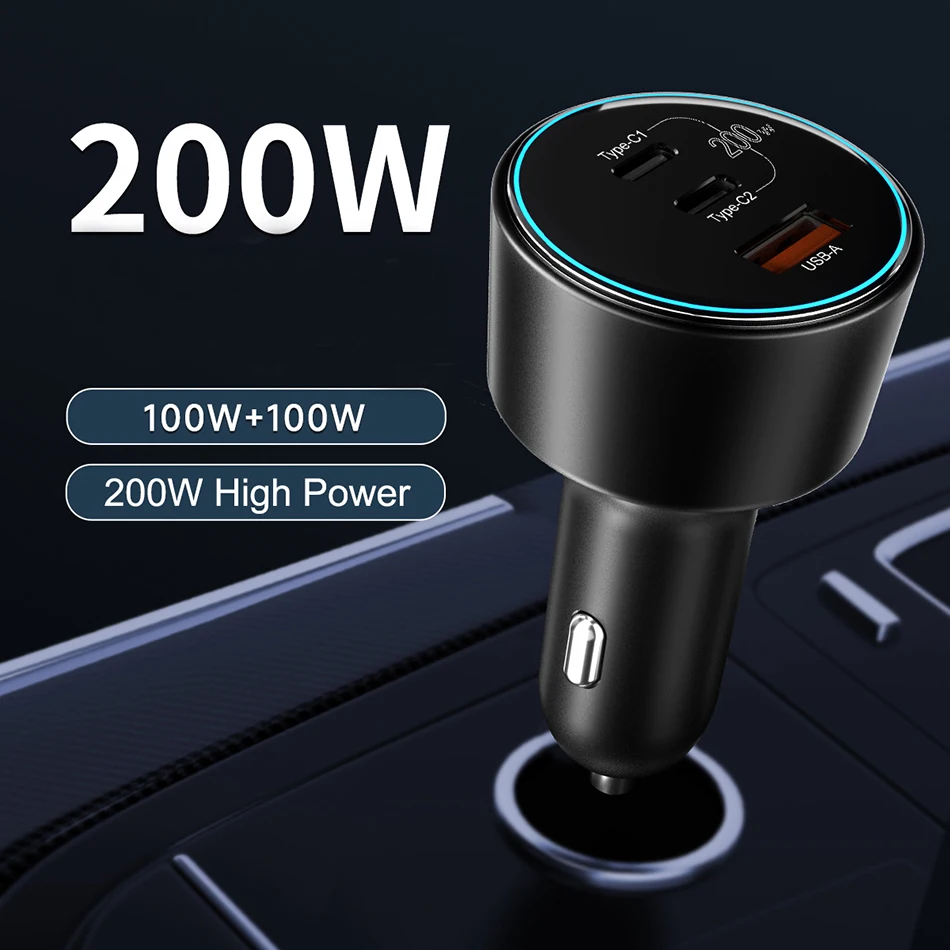 Ubigbuy 200W Car Charger 3-Port Quick Charge 3.0 USB C PD 100W PPS 45W Super Fast Charging for MacBook Pro iPhone 15 Samsung S23