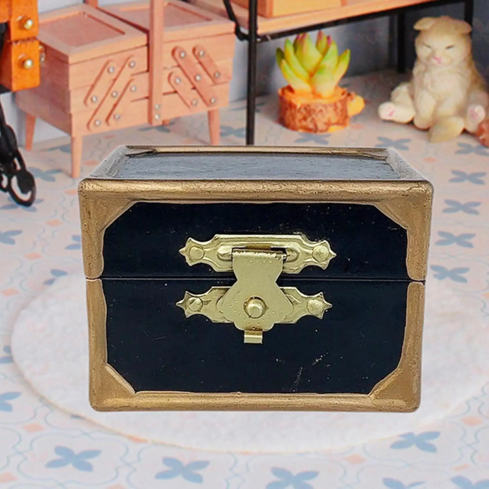 1:12 casa de muñecas cofre del Tesoro de madera Mini modelo resistente, paisaje de escena de la vida, accesorio Retro organizador de joyas caja de almacenamiento del tesoro