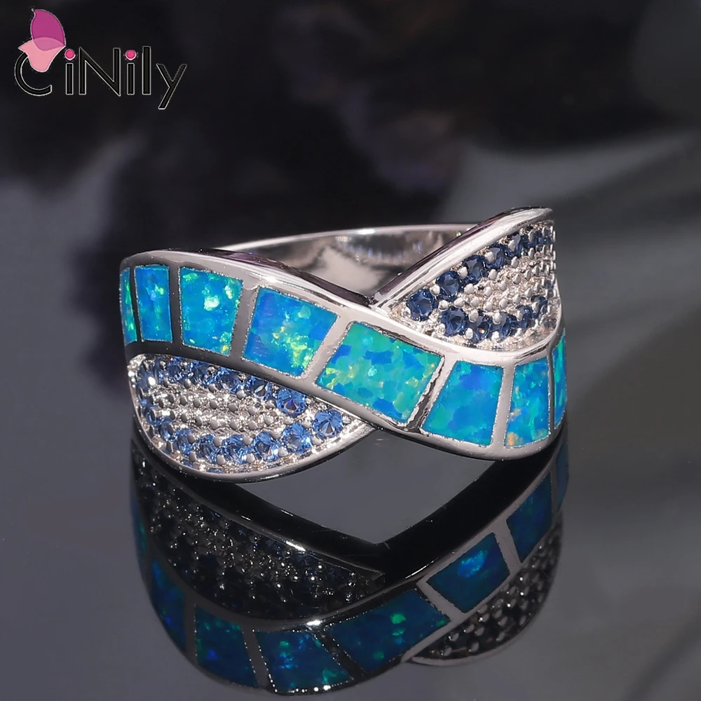 CiNily Created Blue Fire Opal Rings Silver Plated Simple Wide Wedding Hollow Ring Fashion Jewelry for Women Female Ring Size 6-9