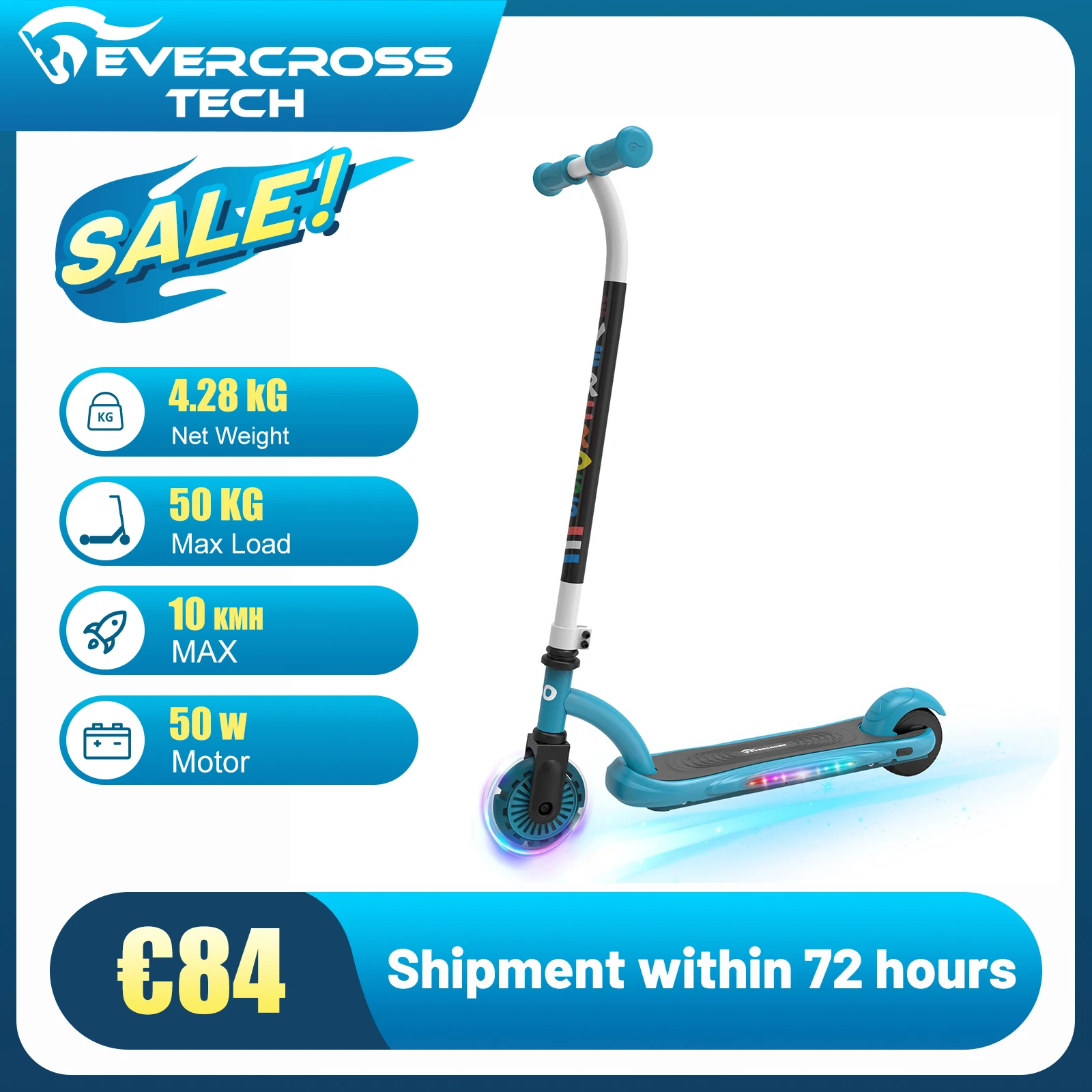 EVERCROSS TECH E5 Electric Scooter, Portable and Lightweight Electric Scooter for Kids Aged 4 to 8 Years, up to 10 KM/H and 4 KM Range with 4'' Front Wheel and Colorful LED Strip