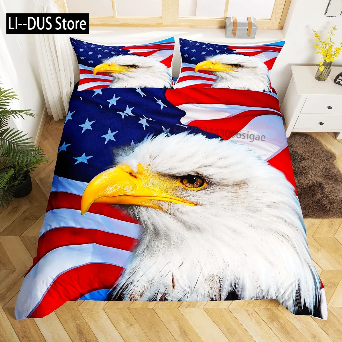 

Africa Duvet Cover Set, Aerial View of Bald Eagle Flying USA, Decorative 3 Piece Bedding Set with 2 Pillow Sham, Full King Size